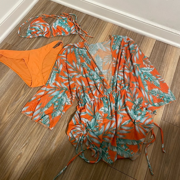 SHENHE Women's 3 Piece Swimsuit Leaf Print Drawstring Side Bikini Set with Cover - Picture 1 of 8